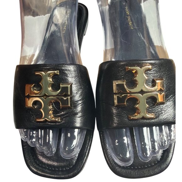 Tory Burch Eleanor Leather Slides Gold Hardware Black Size 6.5 - Picture 10 of 16